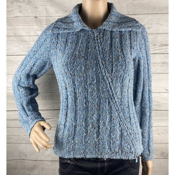 One Girl Who Cardigan Sweater Speckled Blue Diagonal Zip Wool Blend - Picture 1 of 12